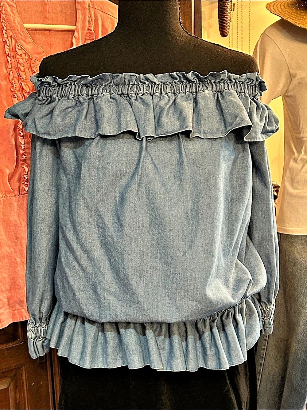 Michael Kors Blue Ruffle Off-Shoulder Denim Look Blouse Size Medium NWT
